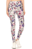 Floral printed high-waist yoga leggings with pink and purple rose pattern on light gray background, showcasing comfortable stretchy fabric and fitted design suitable for exercise or casual wear.