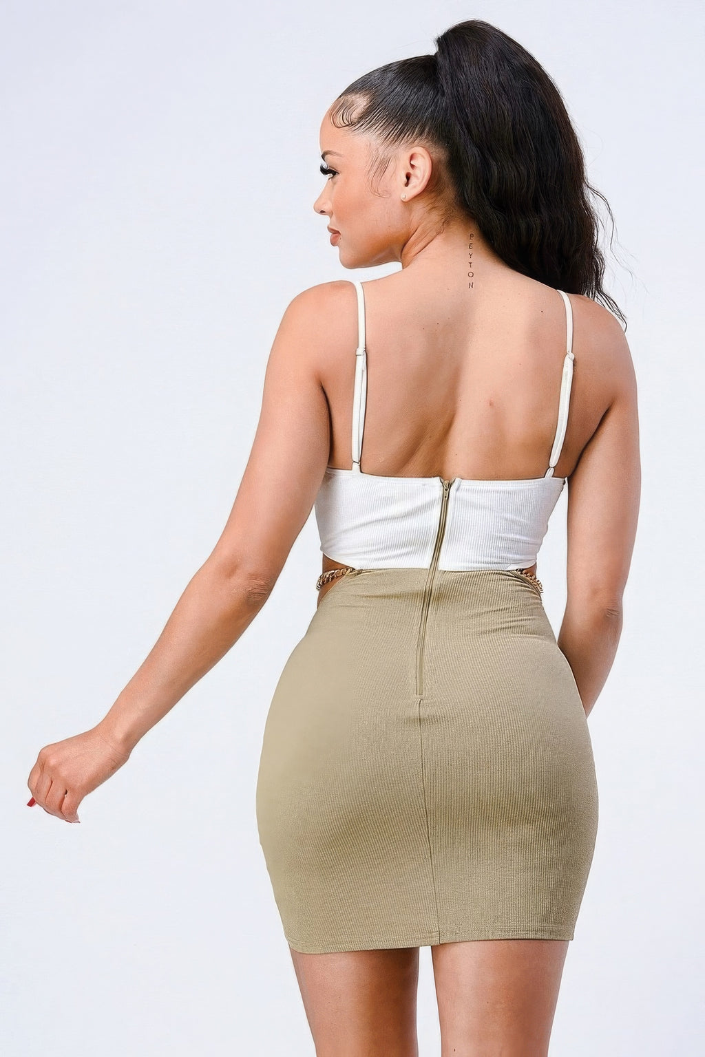 Multi Fabric Bralette Side Cutout With Gold Chain Zipper Closure Back Bodycon Mini Dress-Product Type | Naughty Smile Fashion