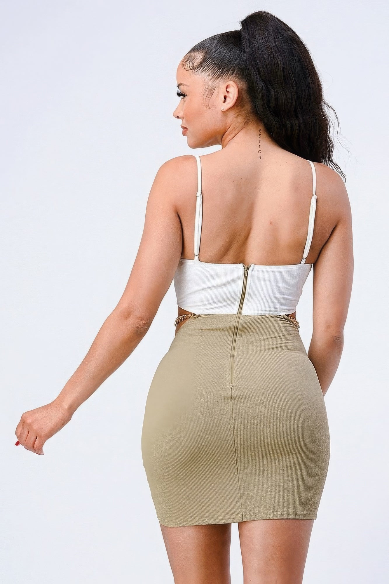 Multi Fabric Bralette Side Cutout With Gold Chain Zipper Closure Back Bodycon Mini Dress-Product Type | Naughty Smile Fashion