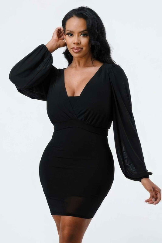 Sale - Lux Mesh Layered Lining V Neck Bubble Slv Bodycon Dress – On Sale Now