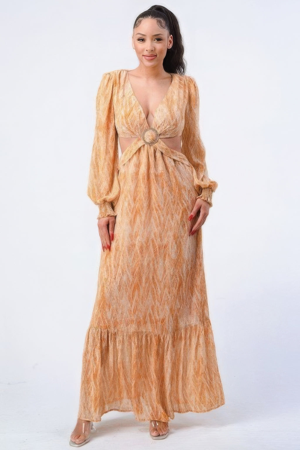 Printed V Neck Self Belted Side Cut Out Ruffled Maxi Dress-Product Type | Naughty Smile Fashion