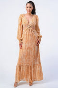 Printed V Neck Self Belted Side Cut Out Ruffled Maxi Dress-Product Type | Naughty Smile Fashion
