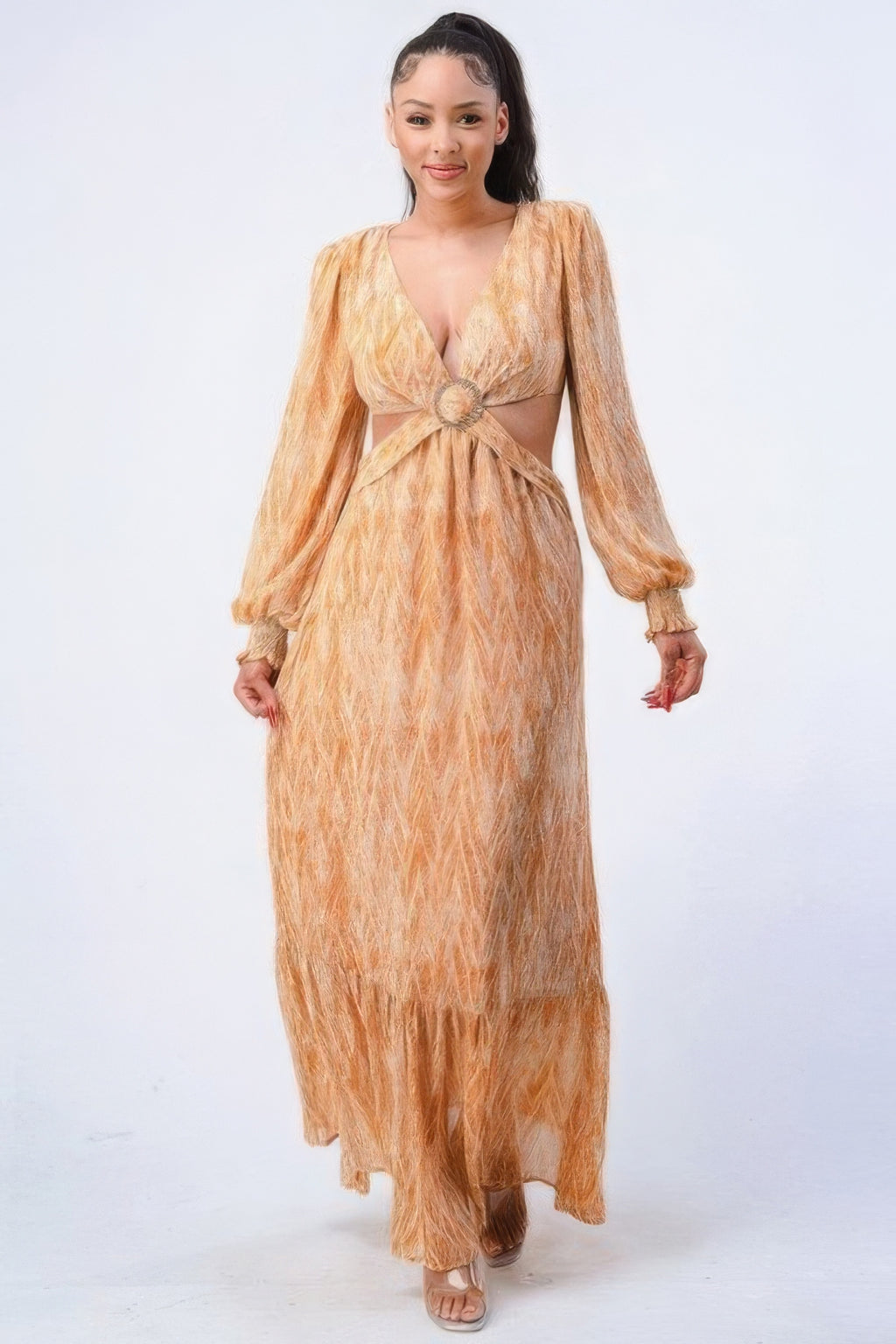 Printed V Neck Self Belted Side Cut Out Ruffled Maxi Dress-Product Type | Naughty Smile Fashion