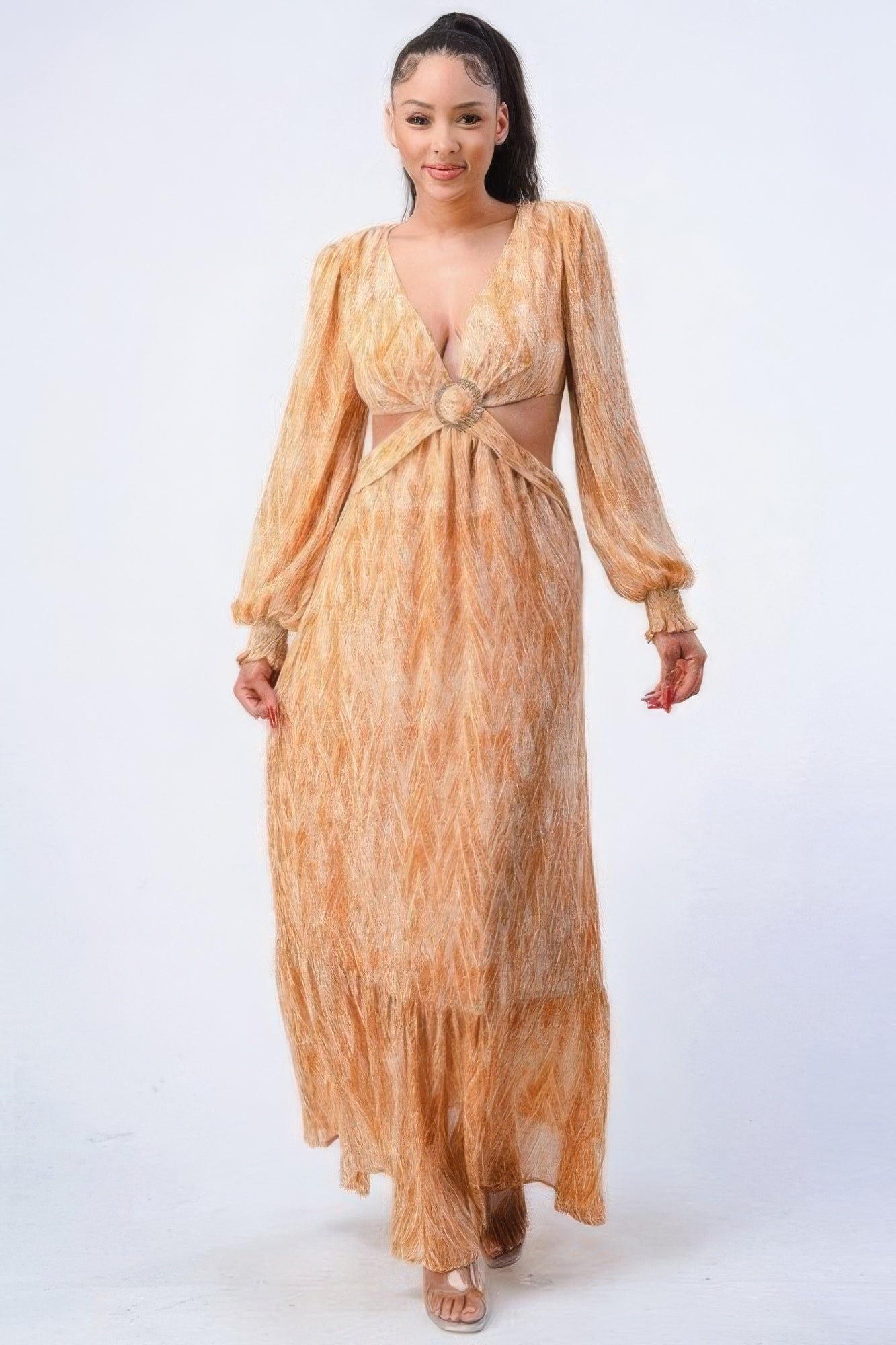 Printed V Neck Self Belted Side Cut Out Ruffled Maxi Dress-Product Type | Naughty Smile Fashion