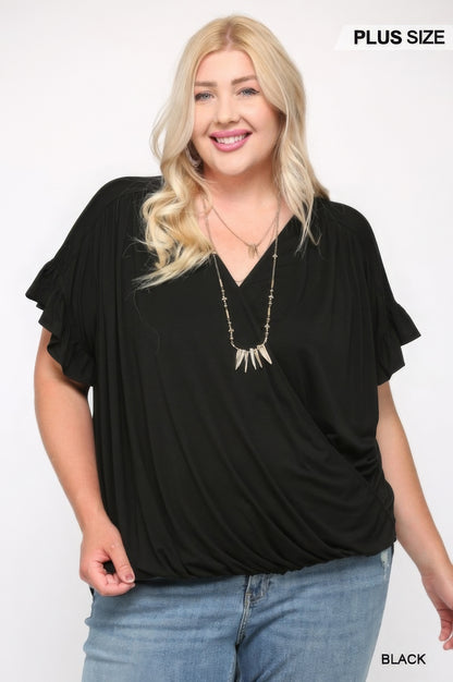 Plus Size Solid Viscose Knit Surplice Top With Ruffle Sleeve – Stylish & Comfortable – men’s fashion, stylish and versatile