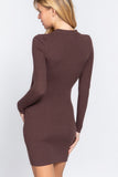 Long Slv V-neck Sweater Rib Mini Dress