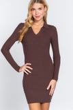 Long Slv V-neck Sweater Rib Mini Dress