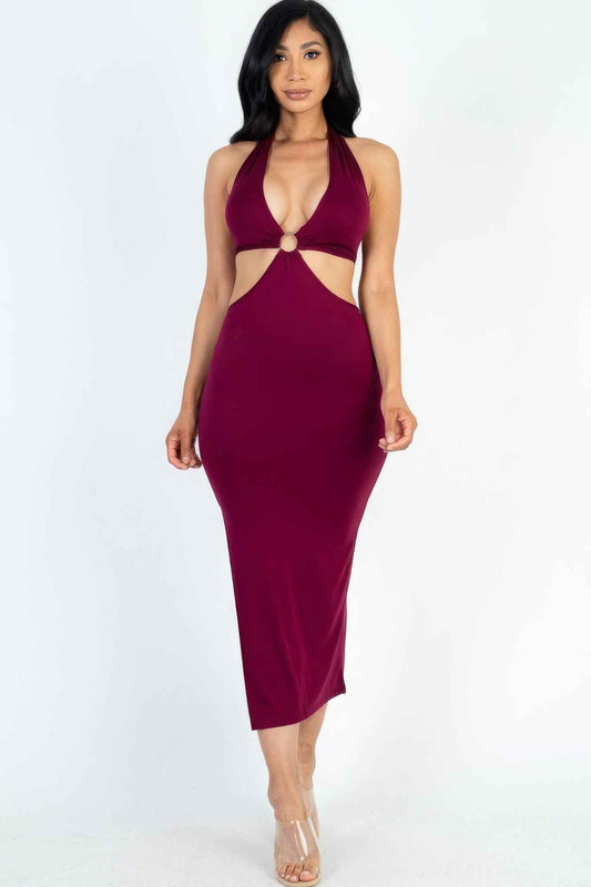 Sale - Cut-out Halter Neck Double Back Tie Split Thigh Midi Dress – On Sale Now