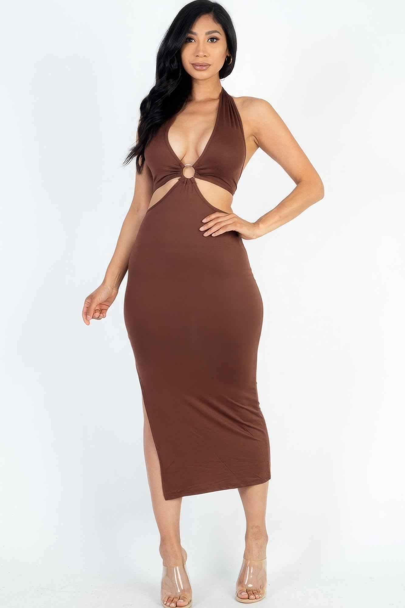 Sale - Cut-out Halter Neck Double Back Tie Split Thigh Midi Dress – On Sale Now