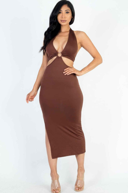 Sale - Cut-out Halter Neck Double Back Tie Split Thigh Midi Dress – On Sale Now