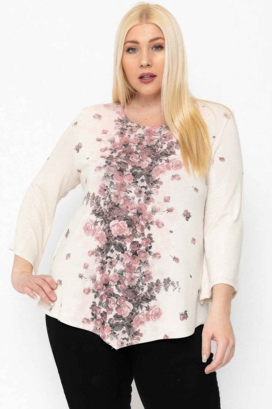 Plus Size Print Top Featuring A Round Neckline And 3/4 Bell Sleeves – Stylish & Comfortable – men’s fashion, stylish and versatile