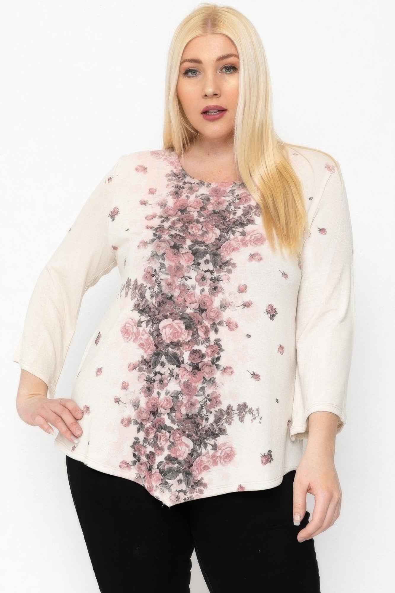 Plus Size Print Top Featuring A Round Neckline And 3/4 Bell Sleeves – Stylish & Comfortable – men’s fashion, stylish and versatile