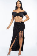 Solid Ruched Front Off The Shoulder Short Sleeve Cropped Top And Side Ruched Asymmetrical Skirt Two Piece Set-Product Type | Naughty Smile Fashion