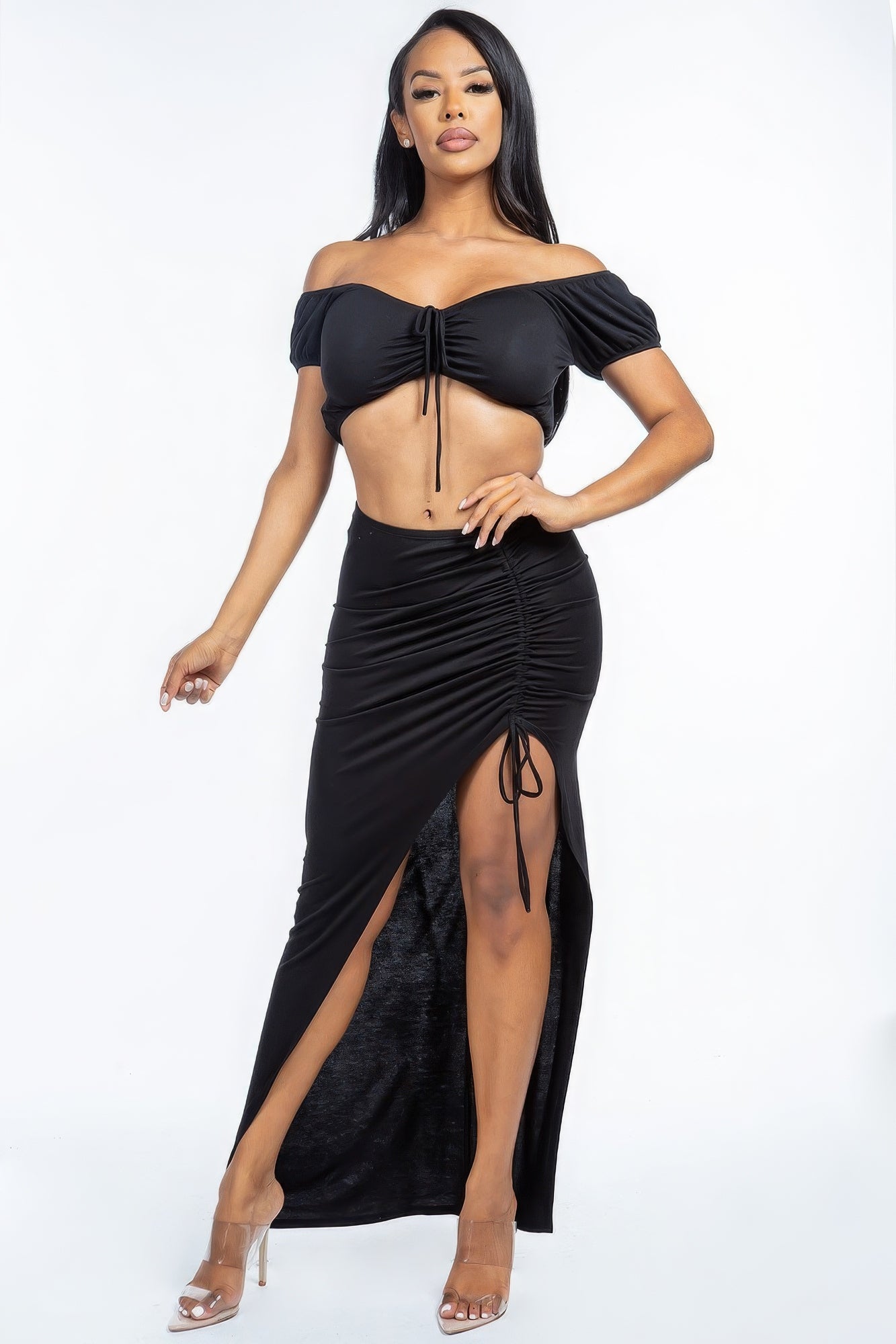 Solid Ruched Front Off The Shoulder Short Sleeve Cropped Top And Side Ruched Asymmetrical Skirt Two Piece Set-Product Type | Naughty Smile Fashion
