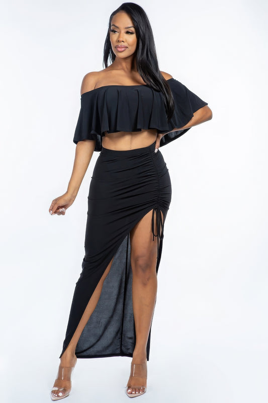 Solid Ity Off The Shoulder Ruffled Cropped Top And Ruched Maxi Skirt Two Piece