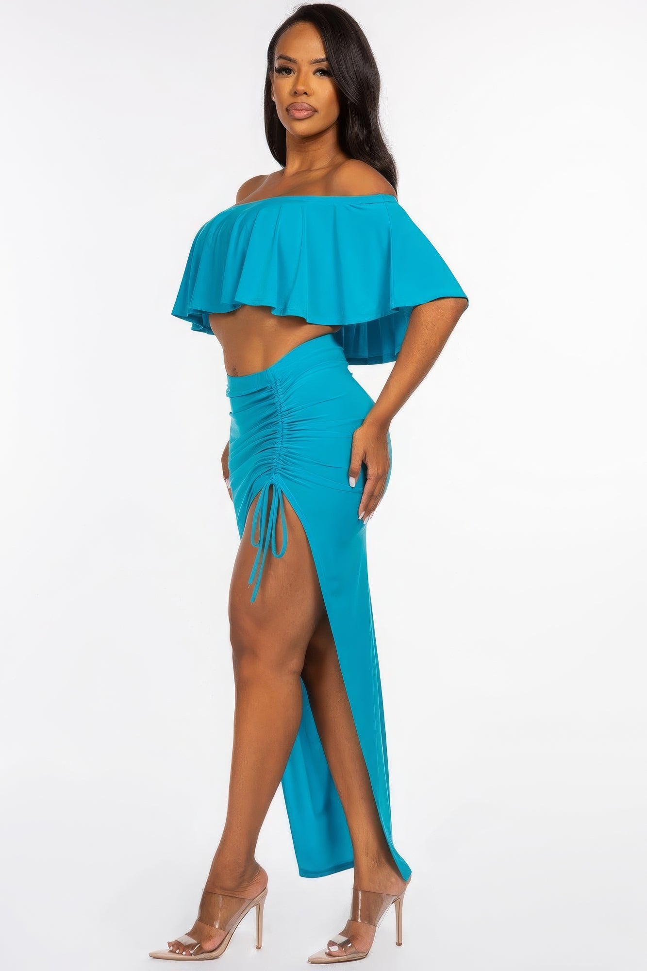 Solid Ity Off The Shoulder Ruffled Cropped Top And Ruched Maxi Skirt Two Piece Set-Product Type | Naughty Smile Fashion