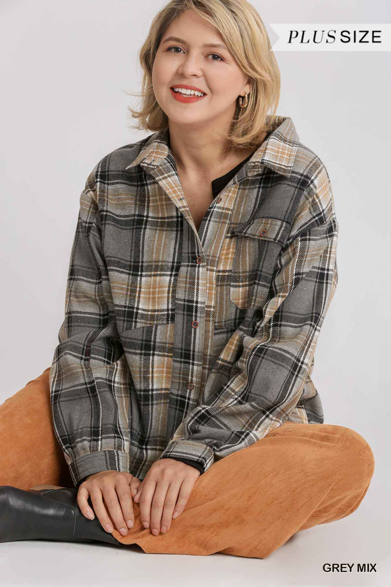 Plus Size Plaid Collar Button Down Overshirt With Front Pockets – Stylish & Comfortable – men’s fashion, stylish and versatile