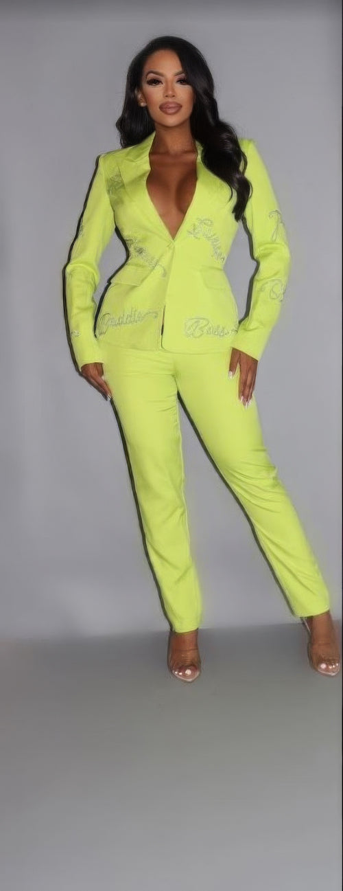 2 Piece Powersuit Blazer & Pants Set With Rhinestone Letterings On Blazer-Product Type | Naughty Smile Fashion