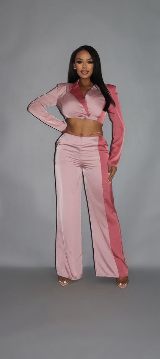 Sale - Colorblock Crop Blazer With Matching Low Rise Wide Leg Pant Set With Pockets – On Sale Now