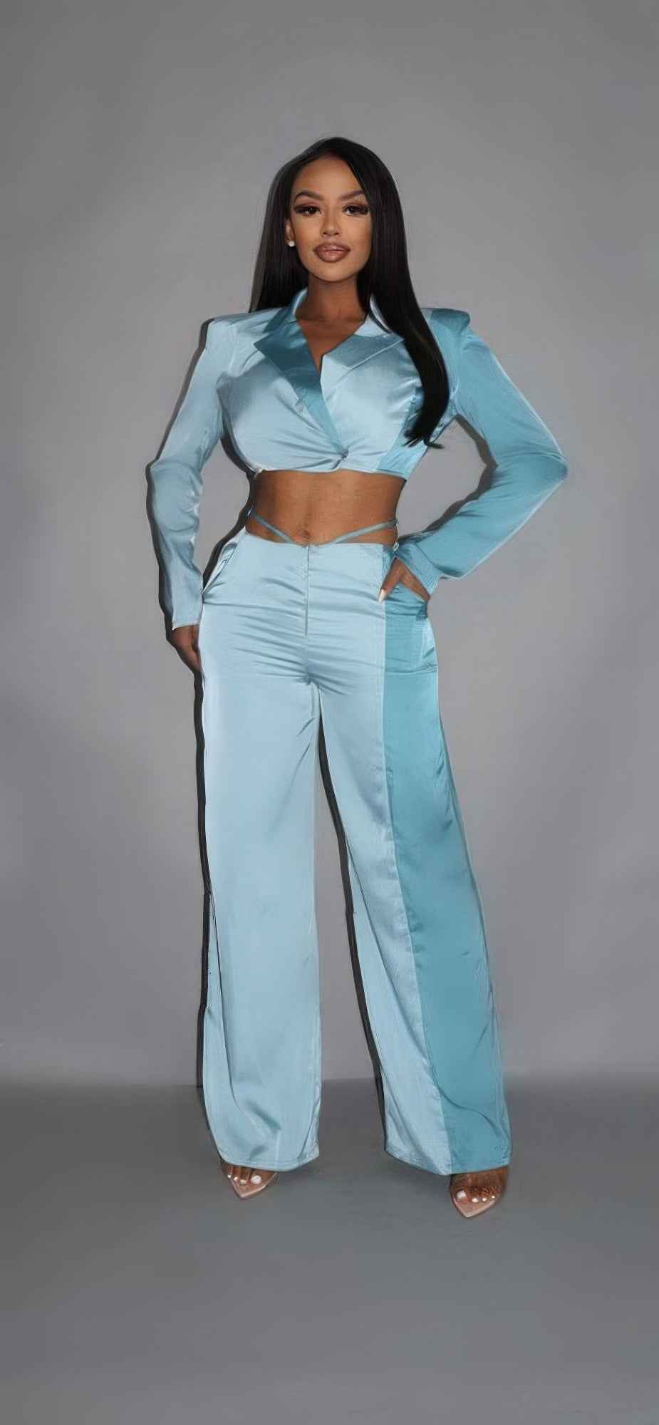 Sale - Colorblock Crop Blazer With Matching Low Rise Wide Leg Pant Set With Pockets – On Sale Now