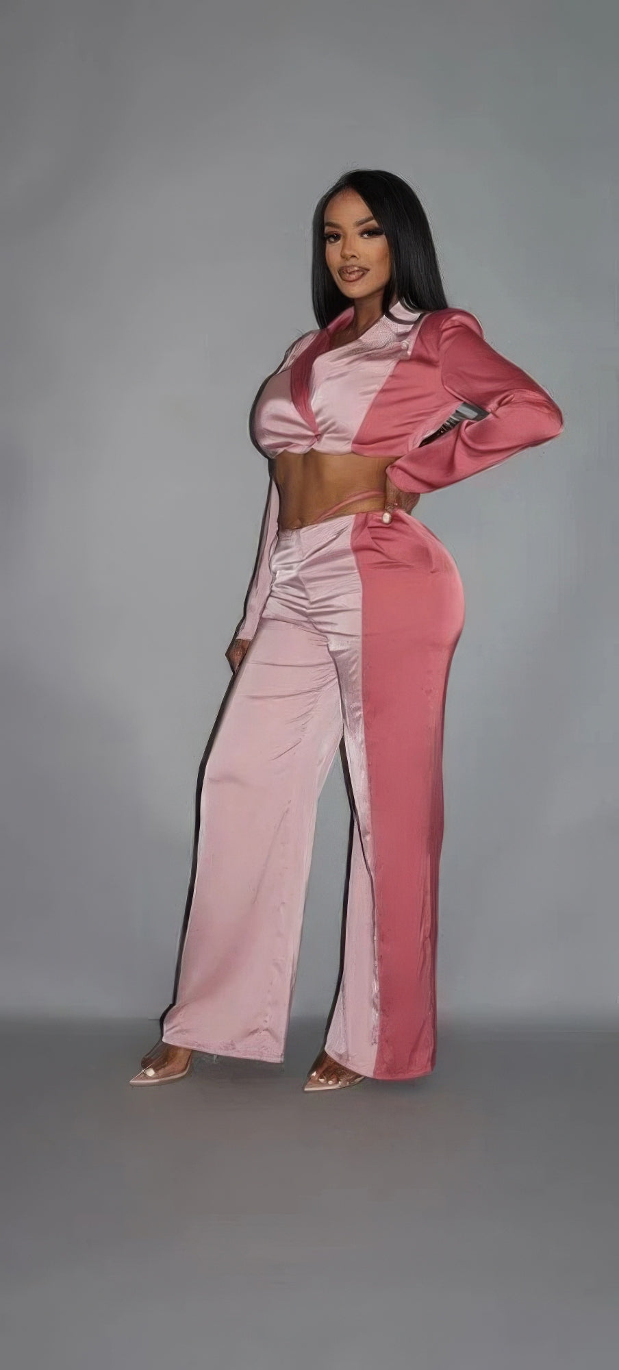 Colorblock Crop Blazer With Matching Low Rise Wide Leg Pant Set With Pockets-Product Type | Naughty Smile Fashion