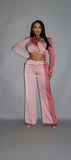 Colorblock Crop Blazer With Matching Low Rise Wide Leg Pant Set With Pockets