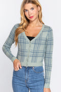Long Sleeve V-neck Fitted Button Down Plaid Sweater Cardigan-Product Type | Naughty Smile Fashion