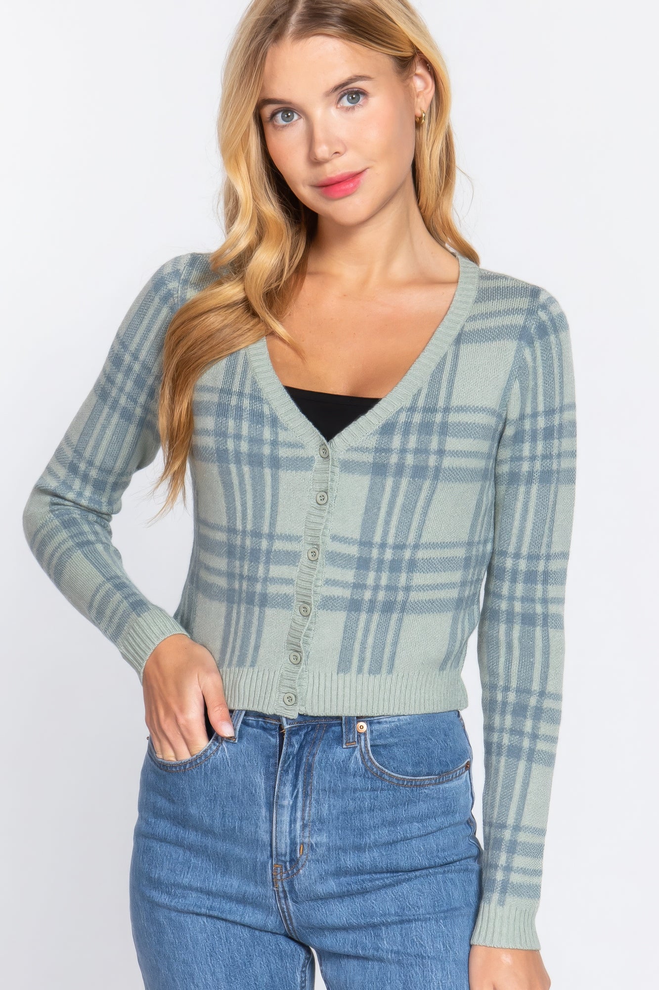 Long Sleeve V-neck Fitted Button Down Plaid Sweater Cardigan-Product Type | Naughty Smile Fashion