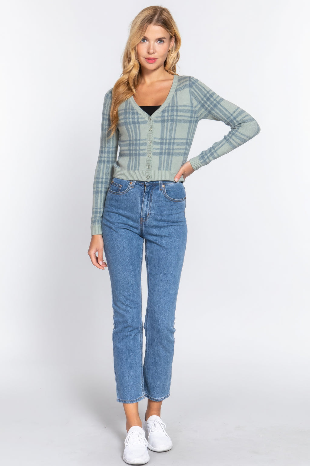 Long Sleeve V-neck Fitted Button Down Plaid Sweater Cardigan-Product Type | Naughty Smile Fashion