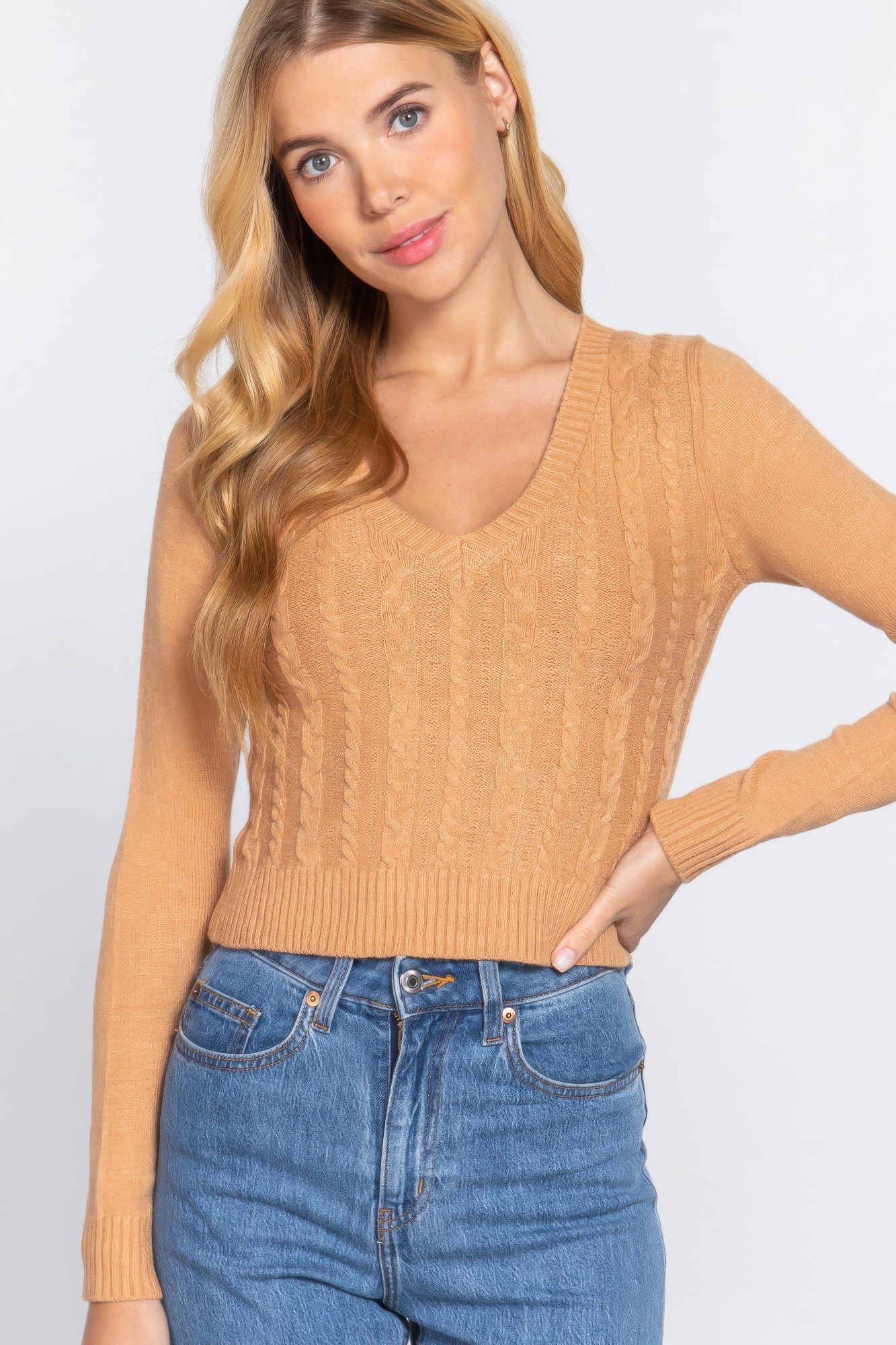 Long Sleeve V-neck Cable Sweater-Product Type | Naughty Smile Fashion