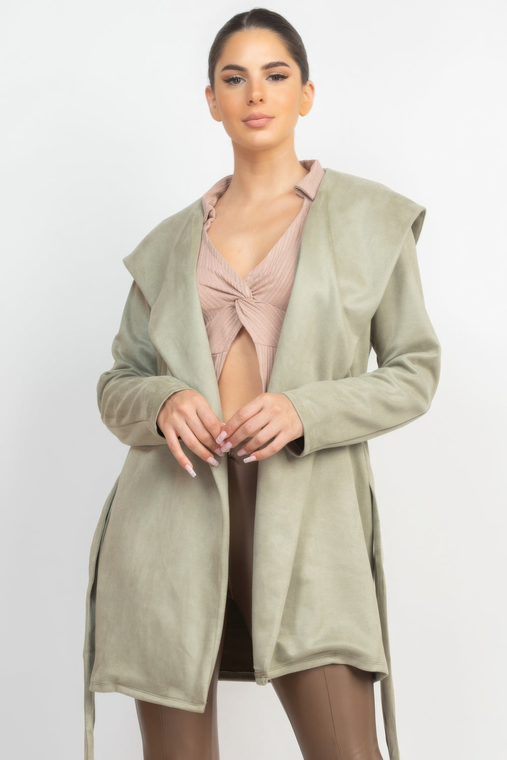 Suede Hooded Waist-tie Belt Jacket-Product Type | Naughty Smile Fashion