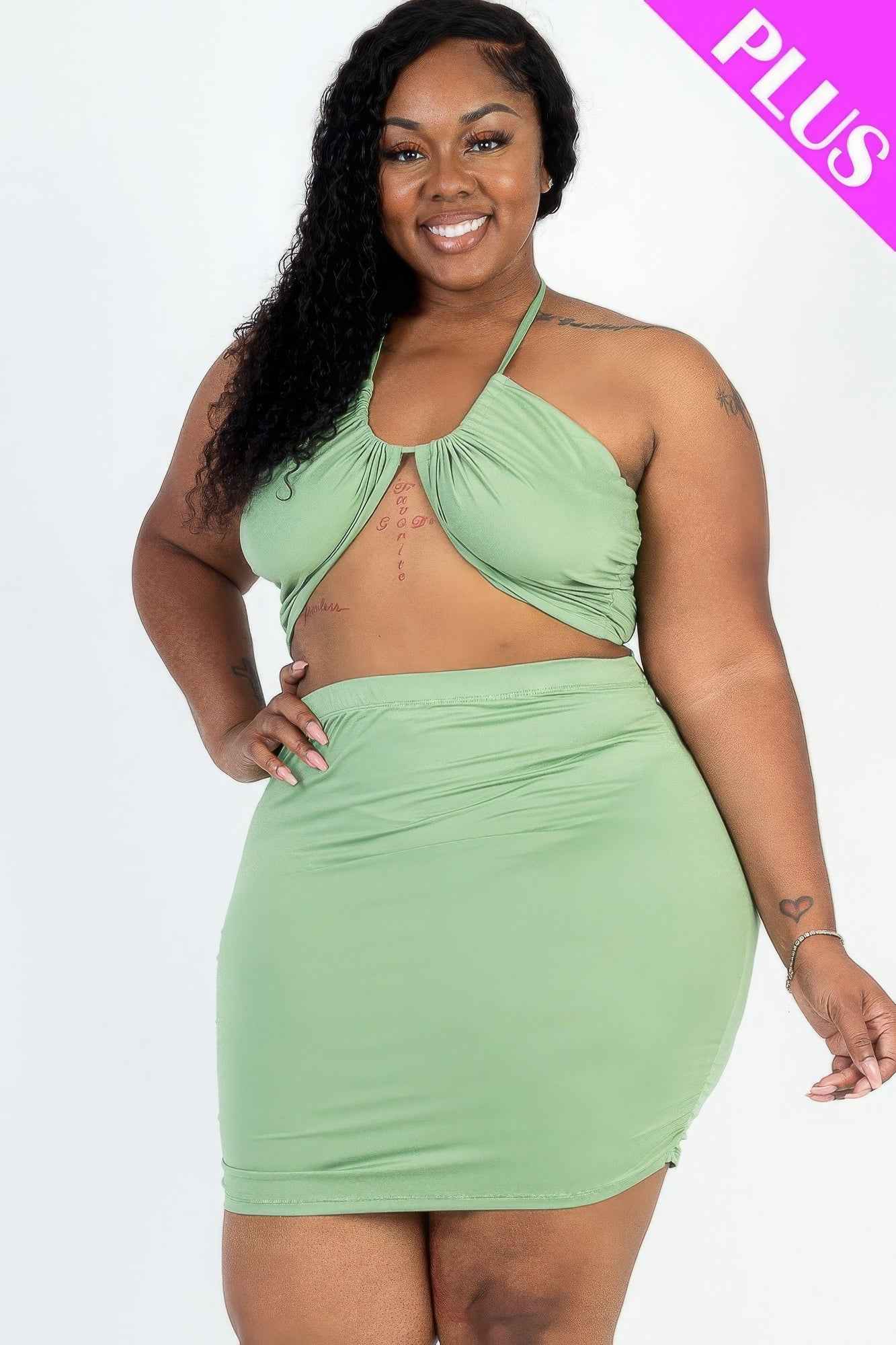 Plus Size Sexy Solid Crisscross Halter Top & Ruched Mini Skirt Set – Stylish & Comfortable – men’s fashion, stylish and versatile