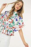 Blusa de manga corta con estampado floral y lazo en la cintura