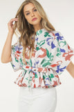 Blusa de manga corta con estampado floral y lazo en la cintura