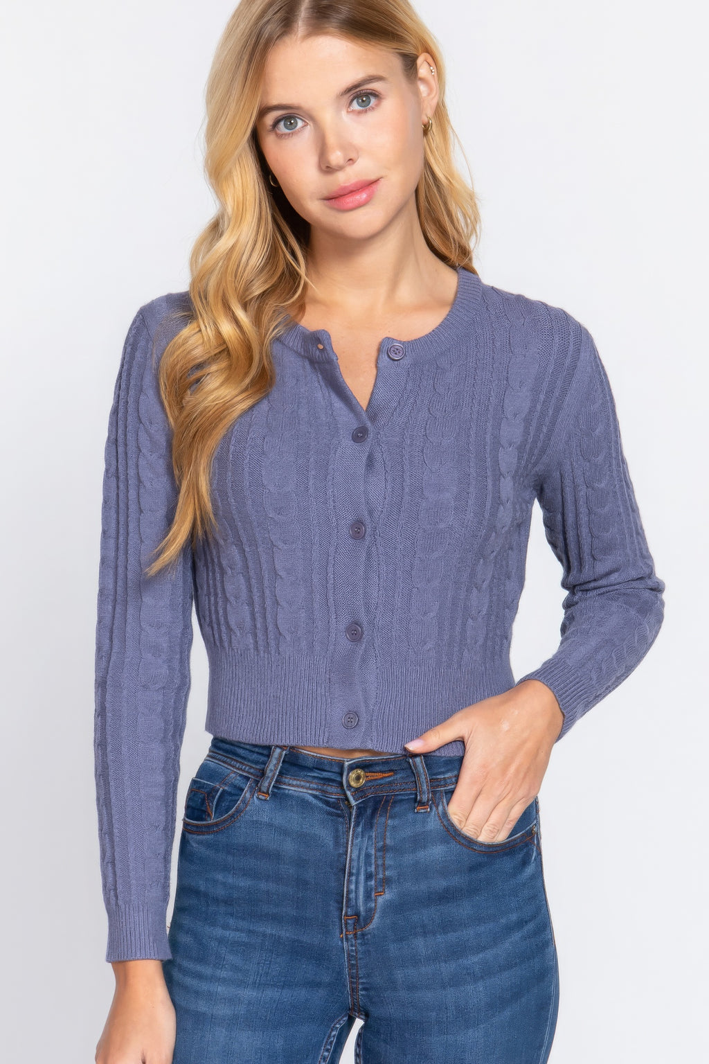 Crew Neck Cable Sweater Cardigan-Product Type | Naughty Smile Fashion