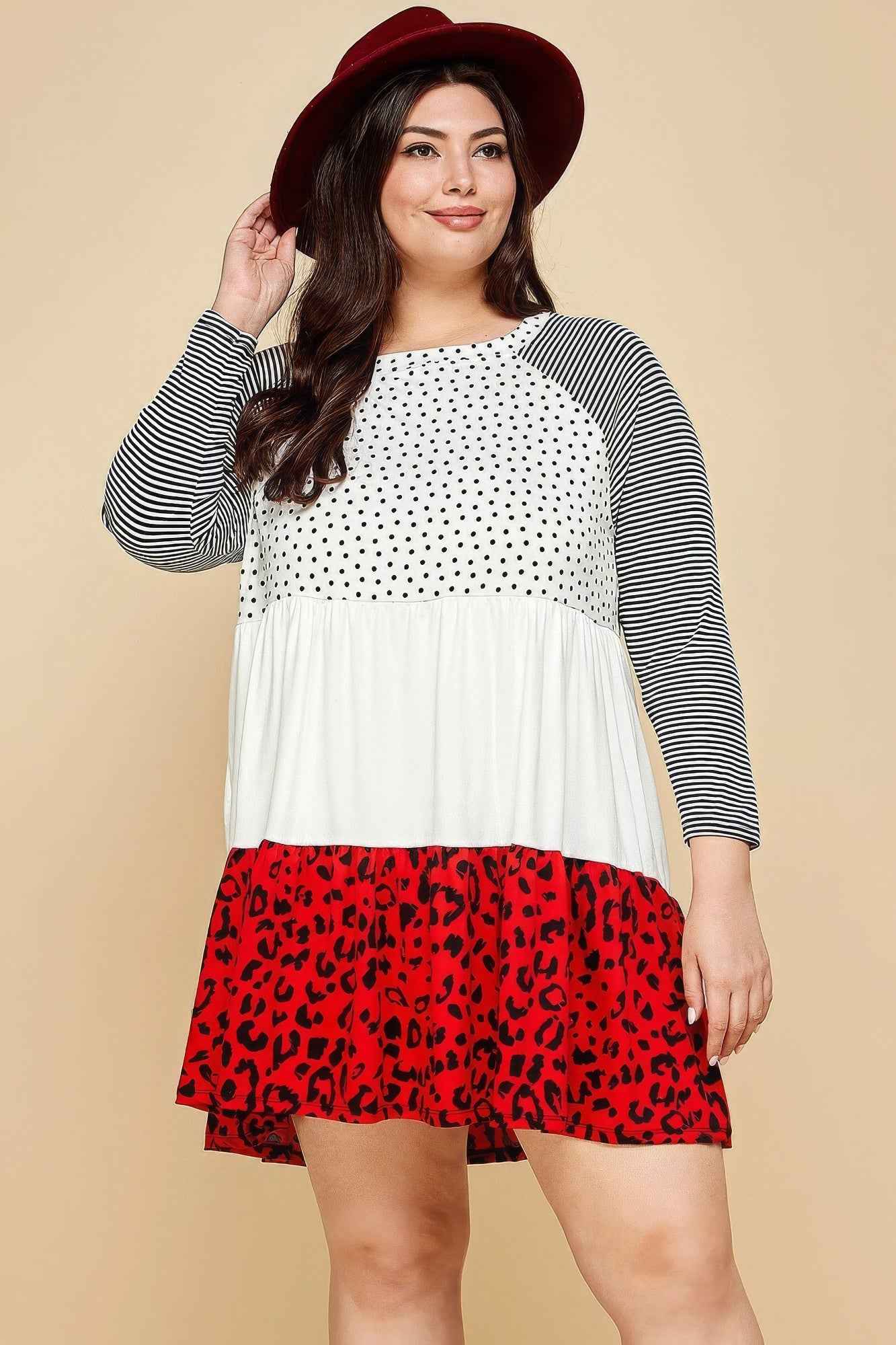 Plus Size Cute Polka Dot And Animal Print Contrast Swing Tiered Dress – Stylish & Comfortable – men’s fashion, stylish and versatile