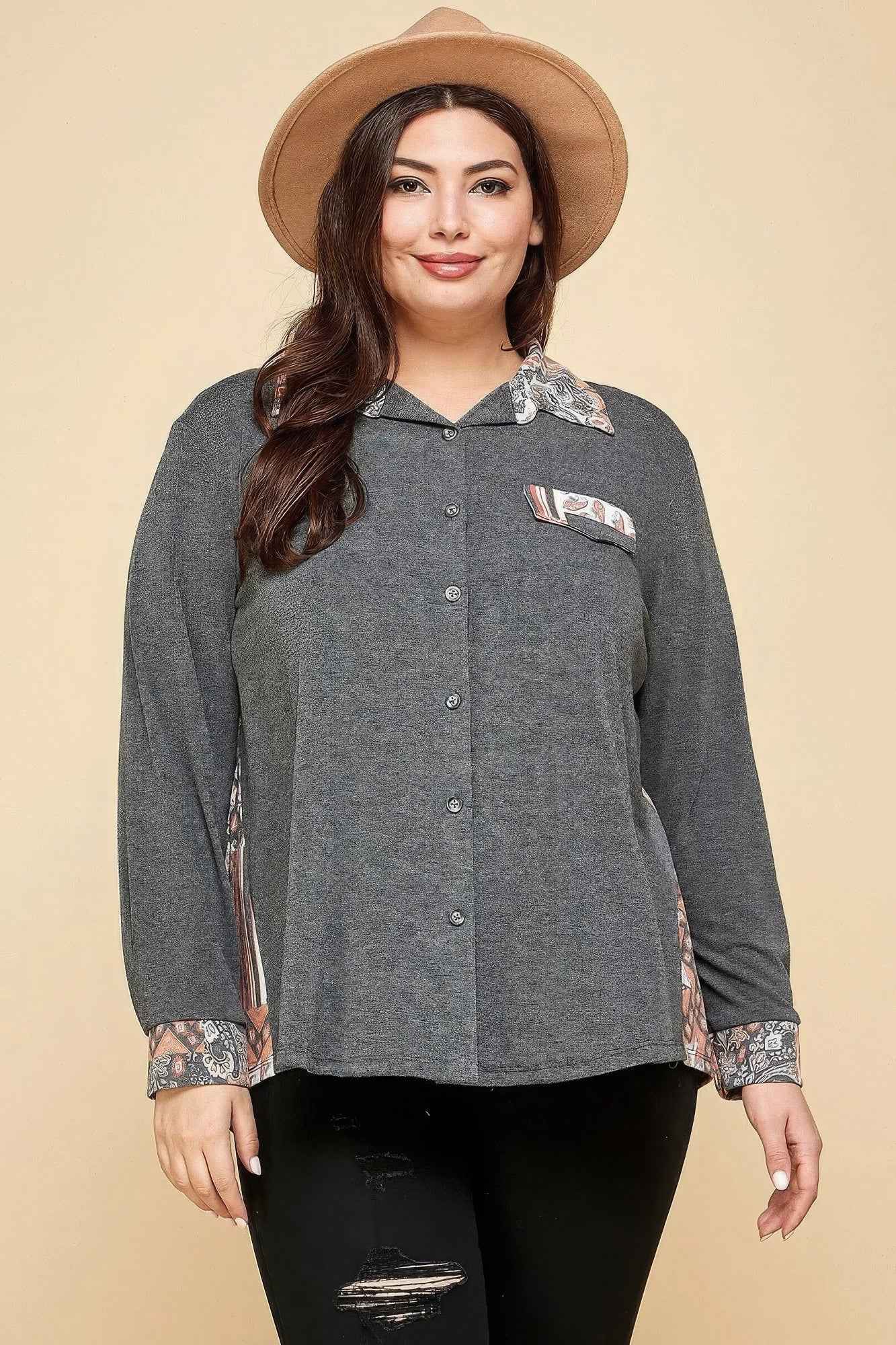 Plus Size Printed Patchwork Contrast Button Up Shirt – Stylish & Comfortable – men’s fashion, stylish and versatile