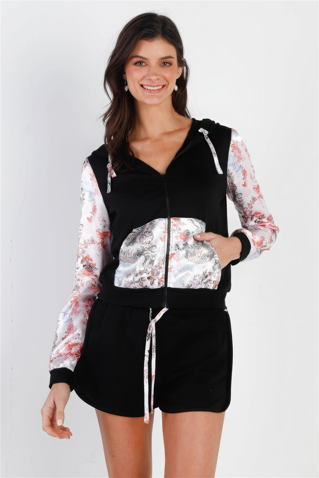Black & Multi Color Print Colorblock Zip-up Hooded Top & Short Set-Product Type | Naughty Smile Fashion
