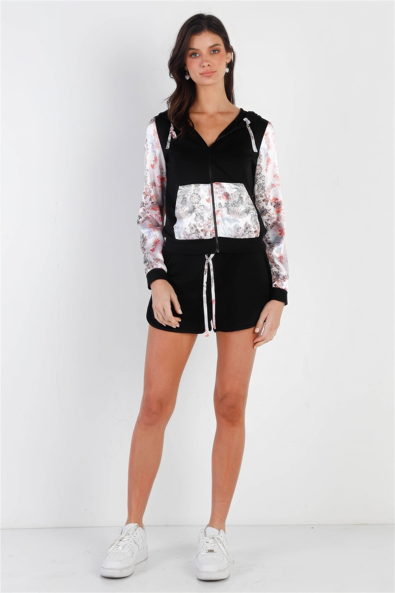 Black & Multi Color Print Colorblock Zip-up Hooded Top & Short Set-Product Type | Naughty Smile Fashion