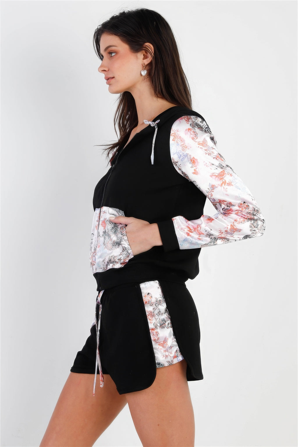 Black & Multi Color Print Colorblock Zip-up Hooded Top & Short Set-Product Type | Naughty Smile Fashion