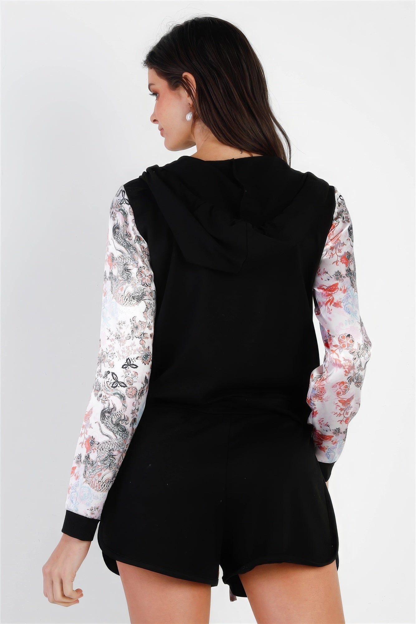 Black & Multi Color Print Colorblock Zip-up Hooded Top & Short Set-Product Type | Naughty Smile Fashion