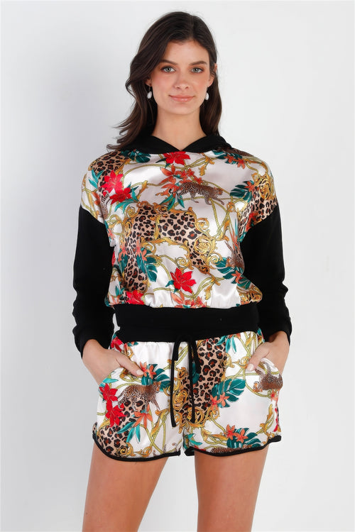 Black & Ivory Satin Effect Animal Print Hooded Top & Short Set-Product Type | Naughty Smile Fashion