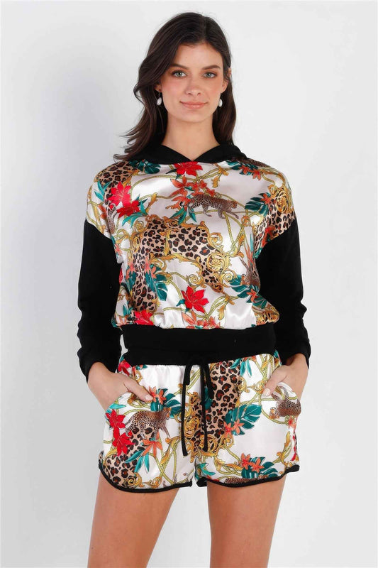 Sale - Black & Ivory Satin Effect Animal Print Hooded Top & Short Set – On Sale Now