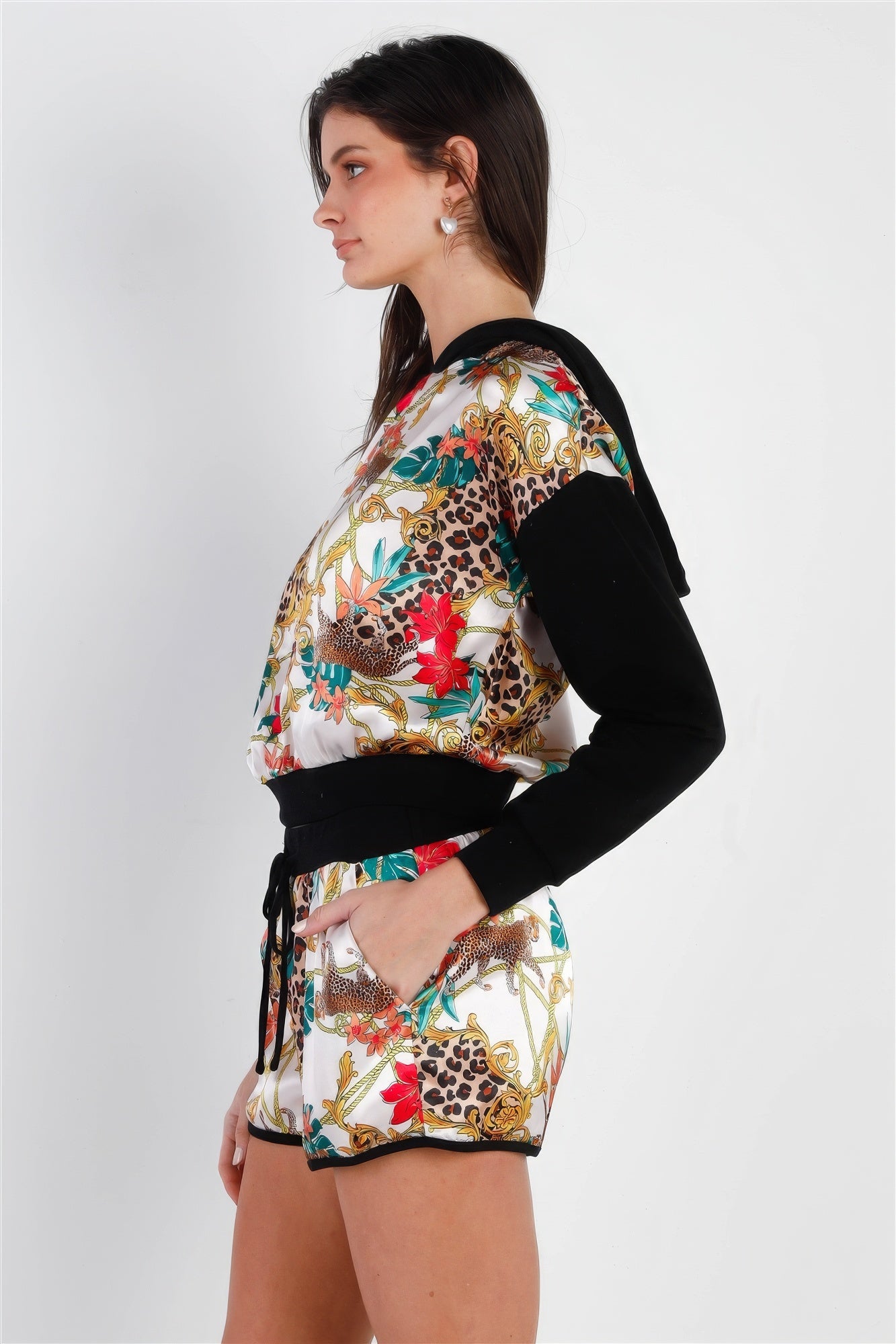 Black & Ivory Satin Effect Animal Print Hooded Top & Short Set-Product Type | Naughty Smile Fashion
