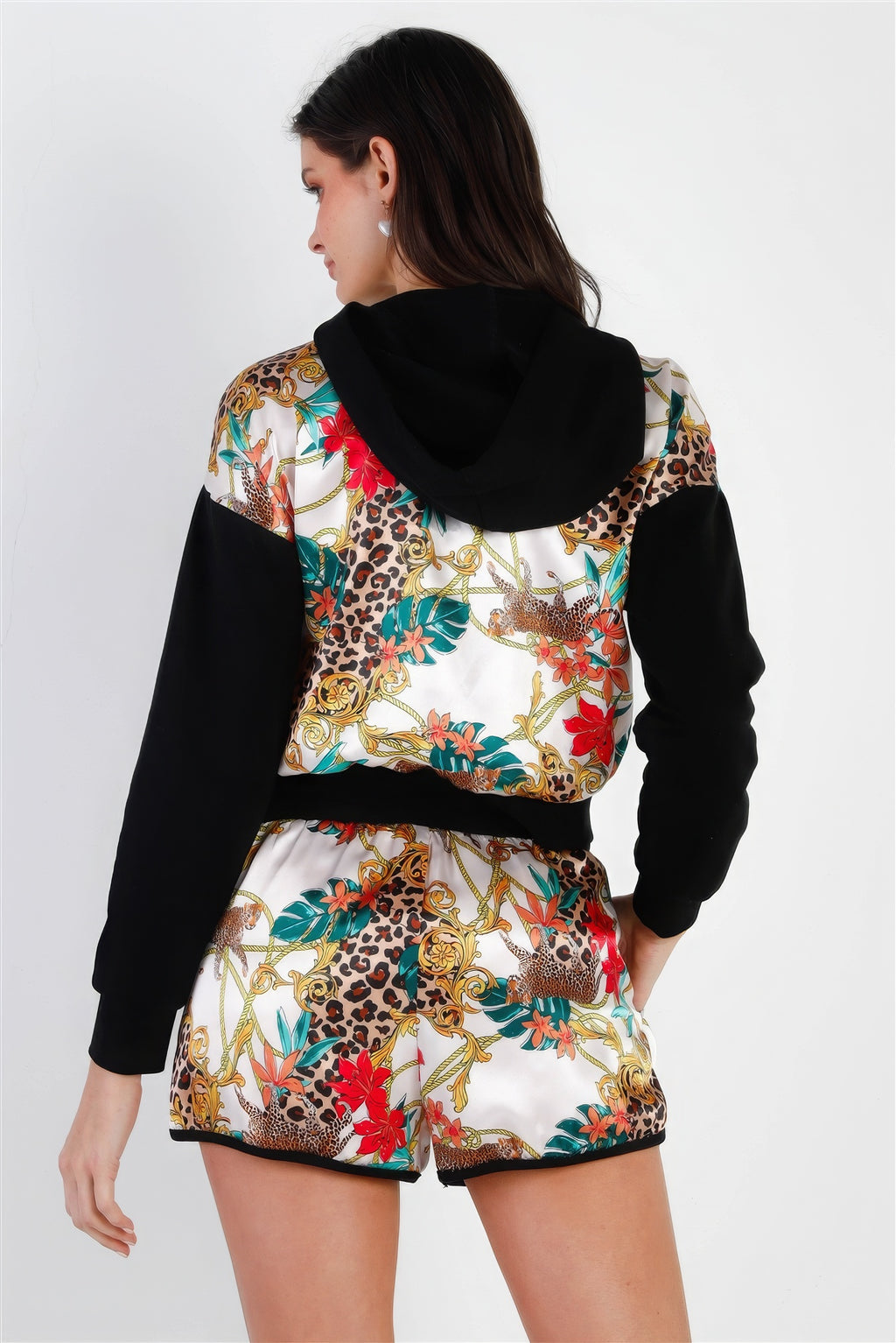Black & Ivory Satin Effect Animal Print Hooded Top & Short Set-Product Type | Naughty Smile Fashion