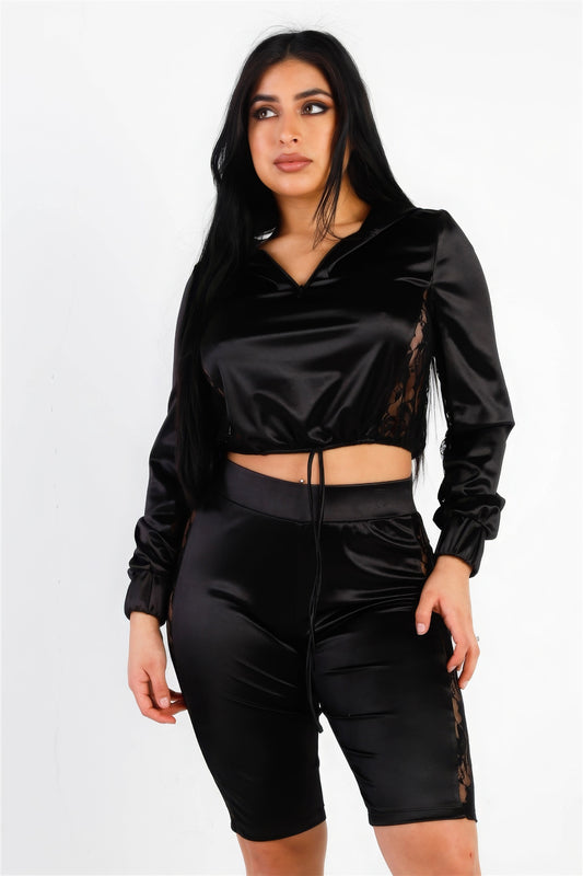 Sale - Satin Lace Details Long Sleeve Hooded Crop Top & Biker Short Set – On Sale Now