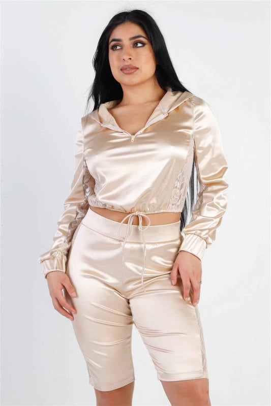 Sale - Satin Lace Details Long Sleeve Hooded Crop Top & Biker Short Set – On Sale Now