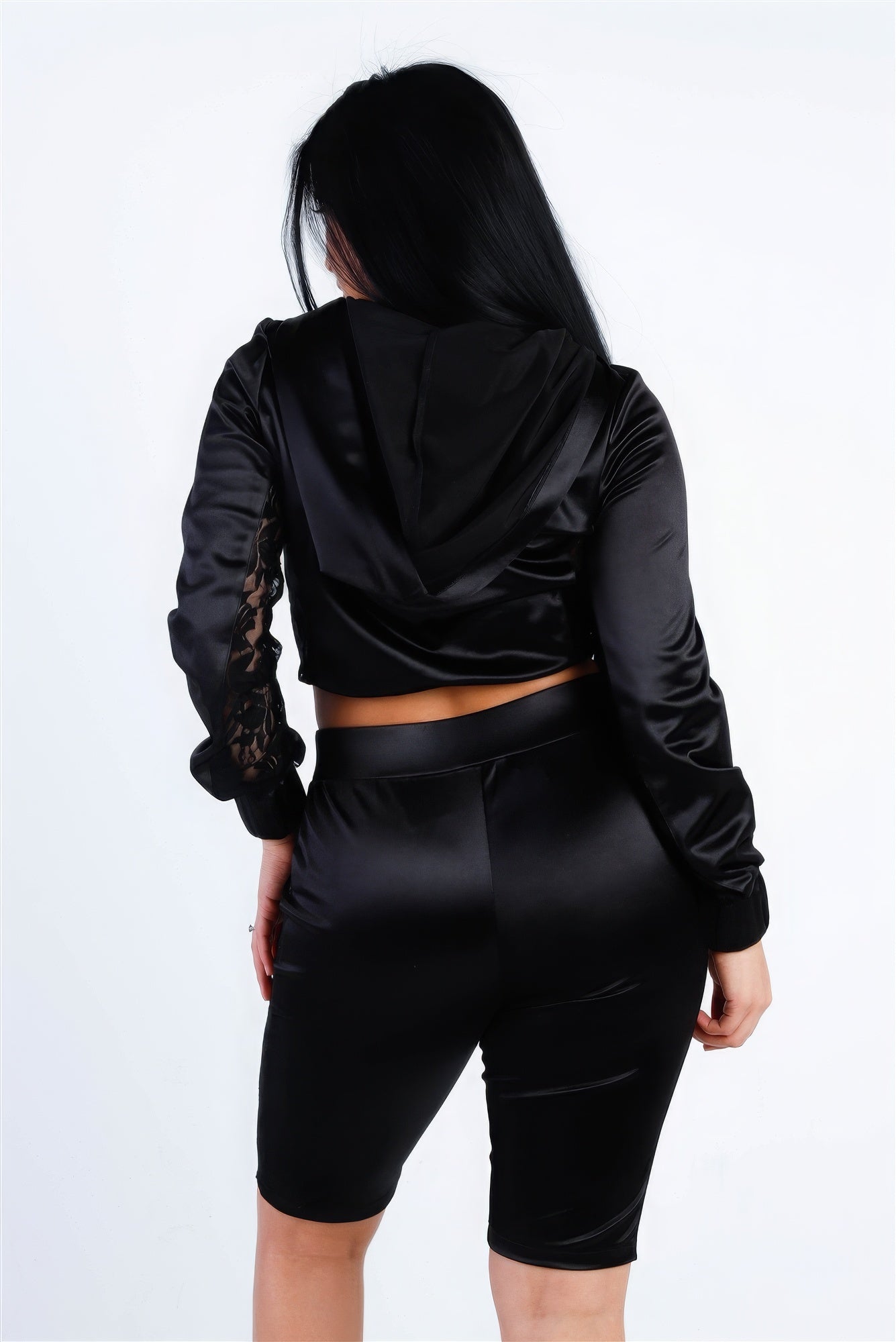 Satin Lace Details Long Sleeve Hooded Crop Top & Biker Short Set-Product Type | Naughty Smile Fashion