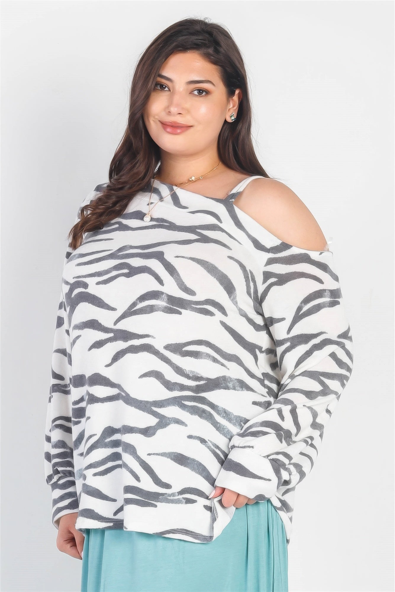Plus Size Plus White & Charcoal Zebra Flannel Cold Shoulder Long Sleeve Top – Stylish & Comfortable – men’s fashion, stylish and versatile