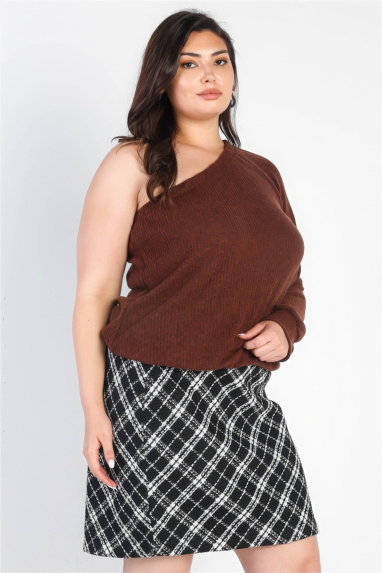 Plus Size Plus Brown Ribbed Textured One Shoulder Top – Stylish & Comfortable – men’s fashion, stylish and versatile